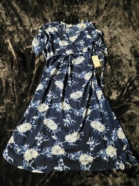 NWT- Misia Navy Blue Floral Midi Wrap Dress